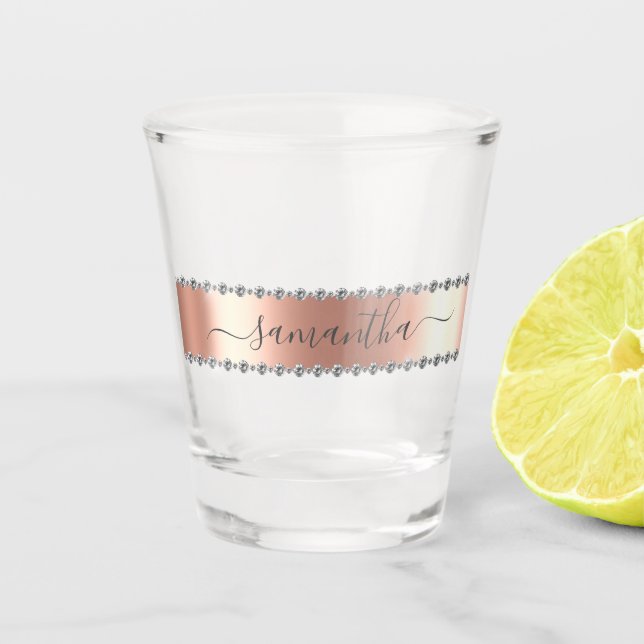 Diamond Bling Calligraphy Name Rose Gold Schnapsglas (Vorderseite)