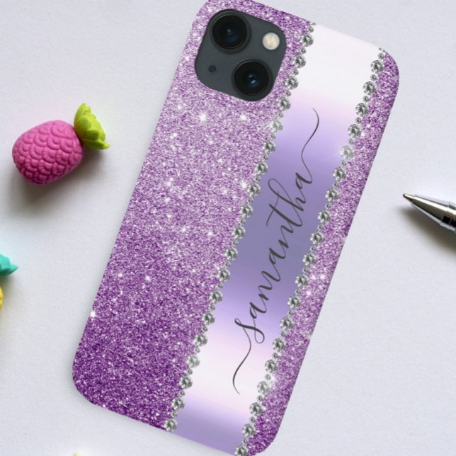 Diamond Bling Glitzer Kalligraphie Name Lila Case-Mate iPhone Hülle (Von Creator hochgeladen)