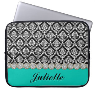 Diamond-Blume Schwarz-weiß Damask Muster Laptopschutzhülle