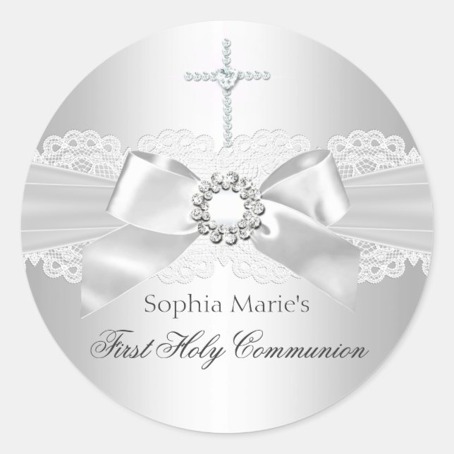 Diamond Bow & Cross First Holy Communion Sticker (Vorderseite)