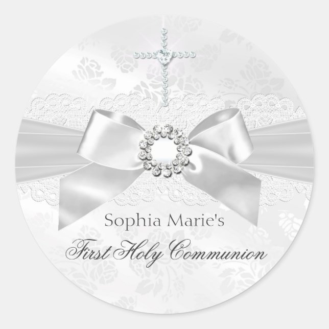 Diamond Bow & Cross First Holy Communion Sticker (Vorderseite)