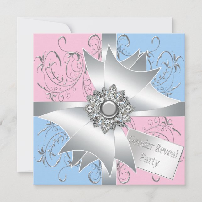 Diamond Bow Elegant Pink Blue Gender Reveal Party Einladung (Vorderseite)