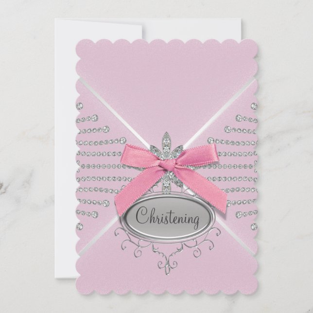 Diamond Bow Pink Christening Einladung (Vorderseite)