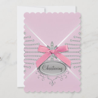 Diamond Bow Pink Christening Einladung