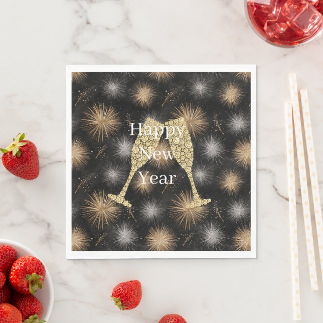 Diamond Champagne Happy New Year Black Fireworks Serviette (Beispiel)