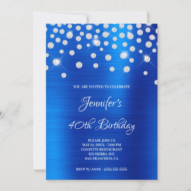 Diamond Confetti Bright Blue Satin Foil Ombre Einladung (Vorderseite)