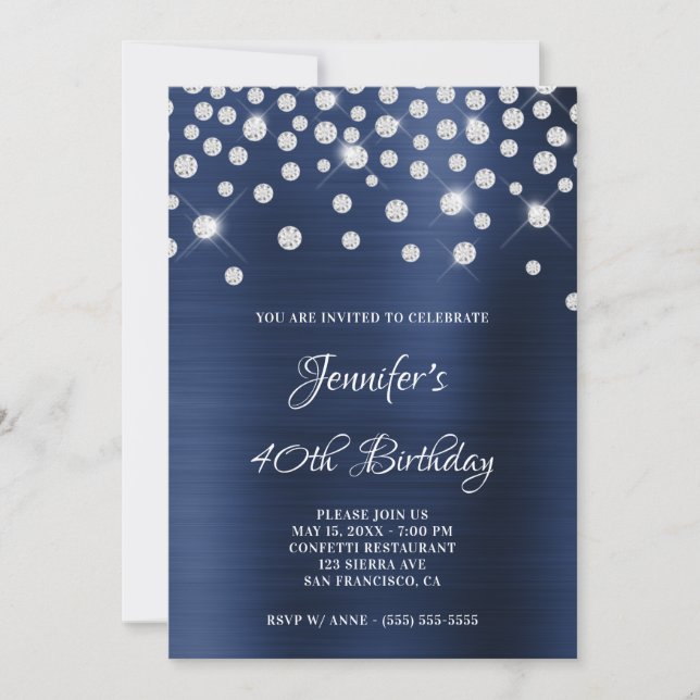Diamond Confetti Navy Blue Satin Foil Ombre Einladung (Vorderseite)