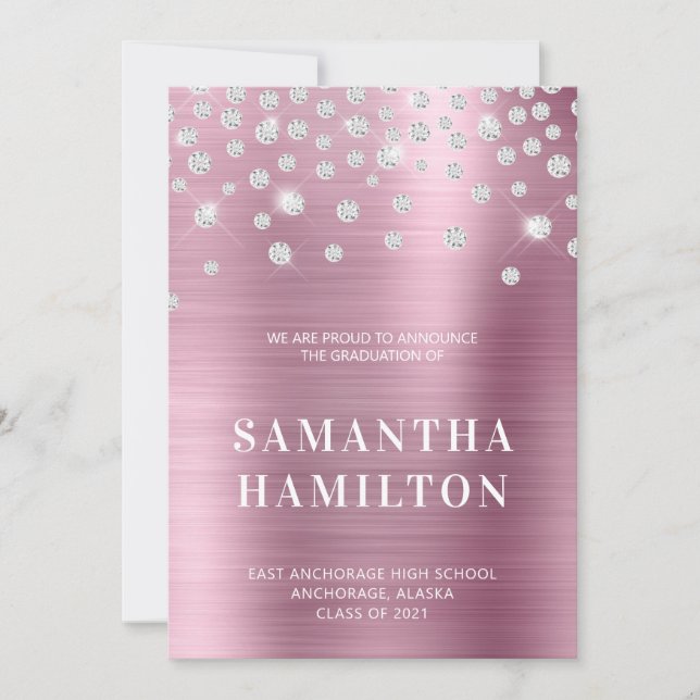 Diamond Confetti Pink Ombre Foil Abschluss Ankündigung (Vorderseite)