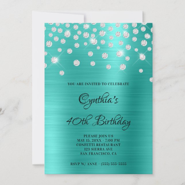 Diamond Confetti Turquoise Satin Foil Ombre Einladung (Vorderseite)