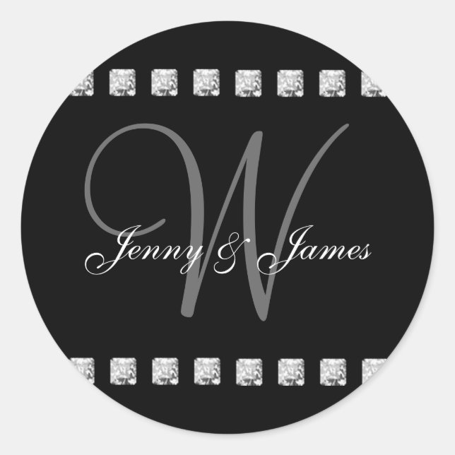 Diamond Crystal Monogram W Wedding Stickers Black (Vorderseite)