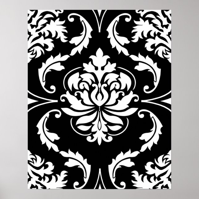 Diamond Damask in Weiß auf Schwarz Poster (Vorne)