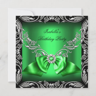 Diamond Deep Green Bow Silver Black Birthday Party Einladung