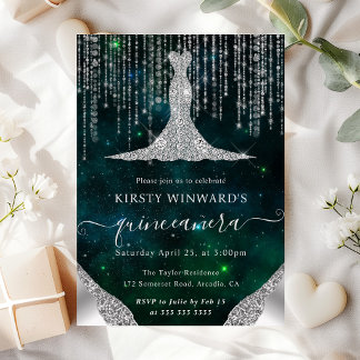 Diamond Dress & Bokeh String Lights Quinceanera Einladung