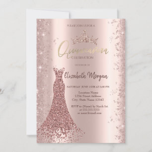 Diamond Dress Rose Gold Glitzer Dust Quinceañera Einladung