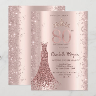 Diamond Dress Rose Gold Glitzer Staub 80. Geburtst Einladung