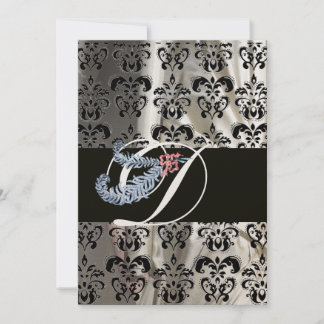DIAMOND FEATHER GOLD BLACK SILK DAMASK MONOGRAMM EINLADUNG