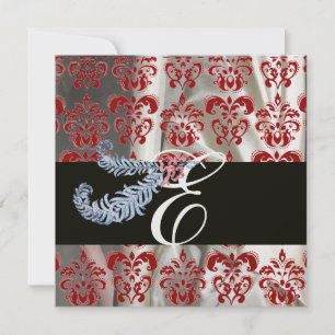 DIAMOND FEATHER RED WHITE ICE SILK DAMASK MONOGRAM EINLADUNG
