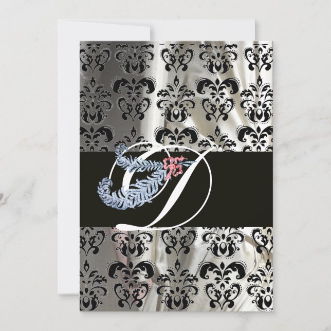 DIAMOND FEATHER WHATHER BLACK SILK DAMASK MONOGRAM EINLADUNG (Vorderseite)