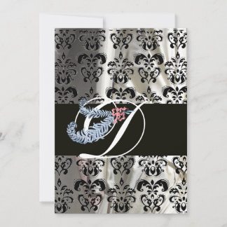 DIAMOND FEATHER WHATHER BLACK SILK DAMASK MONOGRAM EINLADUNG