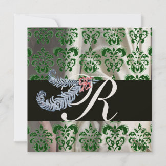 DIAMOND FEATHERS GREEN GOLD SILK DAMASK MONOGRAM EINLADUNG