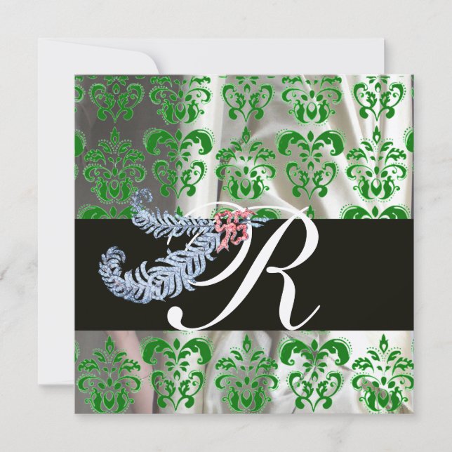 DIAMOND FEATHERS GREEN GOLD SILK DAMASK MONOGRAM EINLADUNG (Vorderseite)