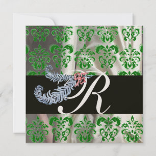 DIAMOND FEATHERS GREEN GOLD SILK DAMASK MONOGRAM EINLADUNG