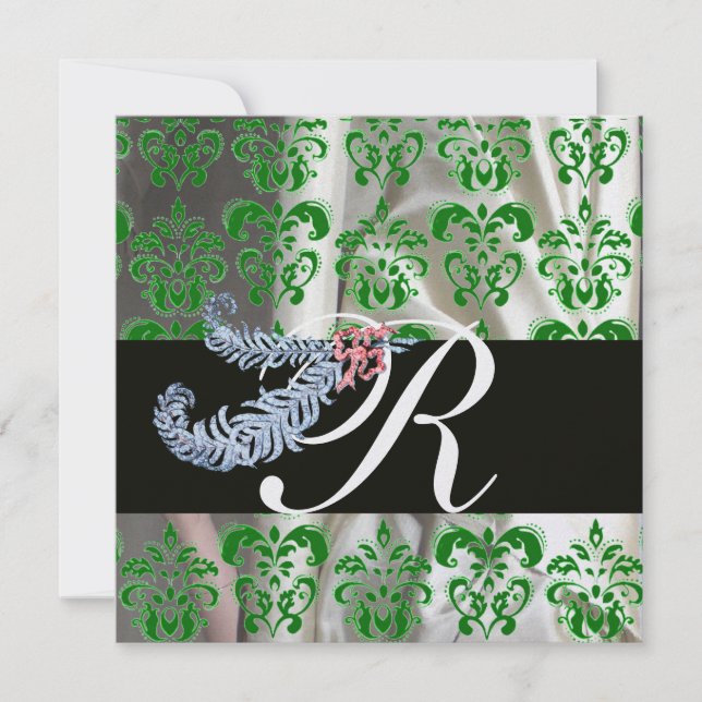 DIAMOND FEATHERS GREEN ICE SILK DAMASK MONOGRAM EINLADUNG (Vorderseite)