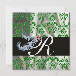 DIAMOND FEATHERS GREEN ICE SILK DAMASK MONOGRAM EINLADUNG