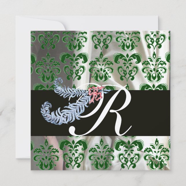 DIAMOND FEATHERS GREEN SILVER SILK DAMASK MONOGRAM EINLADUNG (Vorderseite)