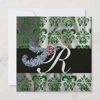 DIAMOND FEATHERS GREEN SILVER SILK DAMASK MONOGRAM EINLADUNG