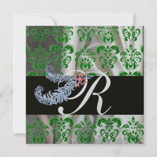 DIAMOND FEATHERS GREEN SILVER SILK DAMASK MONOGRAM EINLADUNG