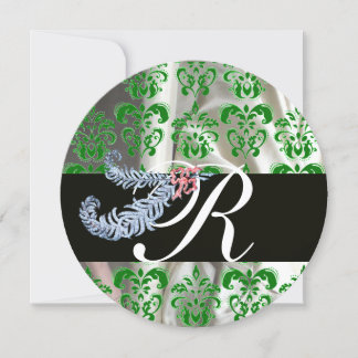 DIAMOND FEATHERS GREEN WHITE SILK DAMASK MONOGRAM EINLADUNG