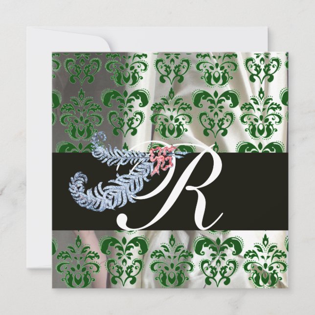 DIAMOND FEATHERS GREEN WHITE SILK DAMASK MONOGRAM EINLADUNG (Vorderseite)