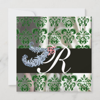 DIAMOND FEATHERS GREEN WHITE SILK DAMASK MONOGRAM EINLADUNG
