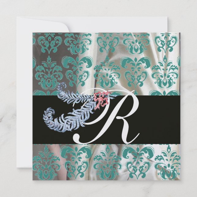 DIAMOND FEATHERS ICE BLUE SILK DAMASK MONOGRAM EINLADUNG (Vorderseite)