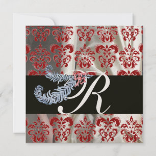 DIAMOND FEATHERS RED GOLD SILK DAMASK MONOGRAM EINLADUNG