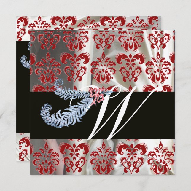 DIAMOND FEATHERS RED SILVER SILK DAMASK MONOGRAM EINLADUNG (Vorne/Hinten)