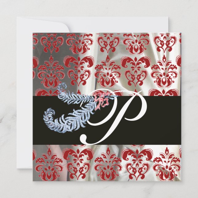 DIAMOND FEATHERS RED WHITE SILK DAMASK MONOGRAM EINLADUNG (Vorderseite)