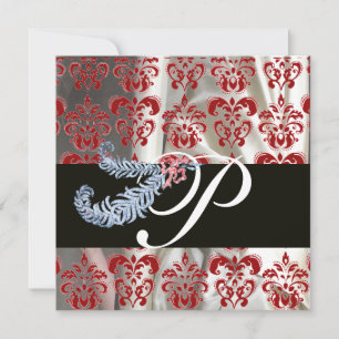 DIAMOND FEATHERS RED WHITE SILK DAMASK MONOGRAM EINLADUNG