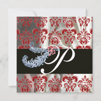 DIAMOND FEATHERS RED WHITE SILK DAMASK MONOGRAM EINLADUNG