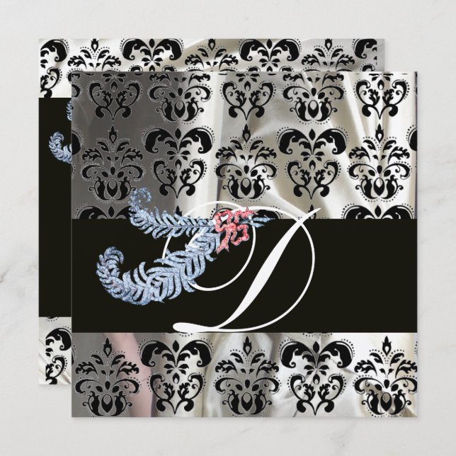 DIAMOND FEATHERS SILVER BLACK SILK DAMASK MONOGRAM EINLADUNG (Vorne/Hinten)