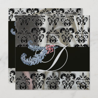 DIAMOND FEATHERS SILVER BLACK SILK DAMASK MONOGRAM EINLADUNG