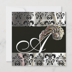 DIAMOND FEATHERS SILVER BLACK SILK DAMASK MONOGRAM EINLADUNG