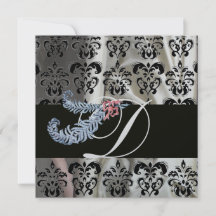 DIAMOND FEATHERS SILVER BLACK SILK DAMASK MONOGRAM