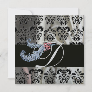 DIAMOND FEATHERS SILVER BLACK SILK DAMASK MONOGRAM EINLADUNG
