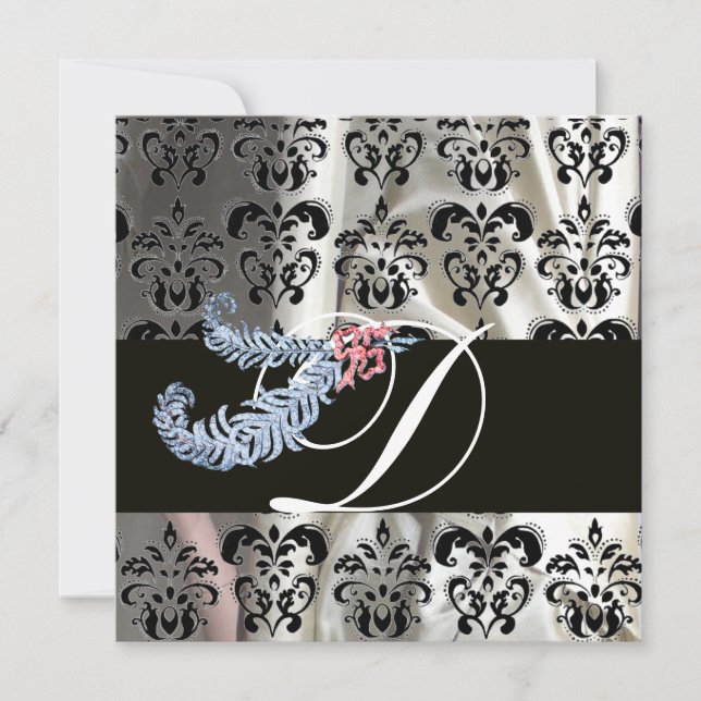 DIAMOND FEATHERS WHITE BLACK SILK DAMASK MONOGRAM EINLADUNG (Vorderseite)