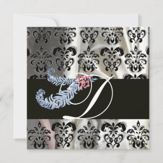 DIAMOND FEATHERS WHITE BLACK SILK DAMASK MONOGRAM EINLADUNG