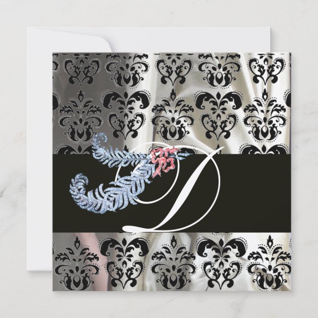 DIAMOND FEATHERS WHITE BLACK SILK DAMASK MONOGRAM EINLADUNG (Vorderseite)