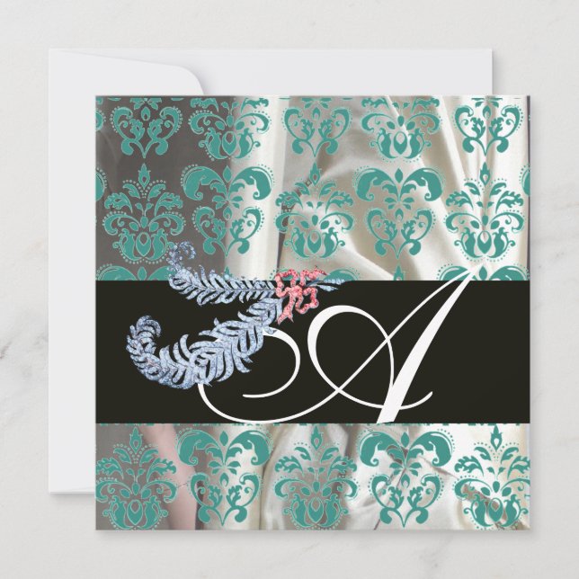 DIAMOND FEATHERS WHITE BLUE SILK DAMASK MONOGRAM EINLADUNG (Vorderseite)