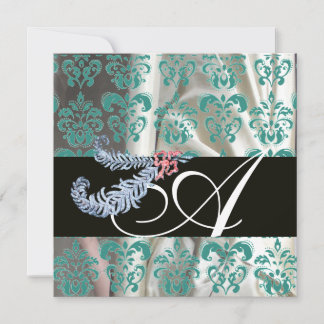 DIAMOND FEATHERS WHITE BLUE SILK DAMASK MONOGRAM EINLADUNG